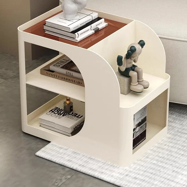 Modern Mid-Century Geometric Arc Iron End Table 2-Tier Storage Shelves With Casters For Living Room