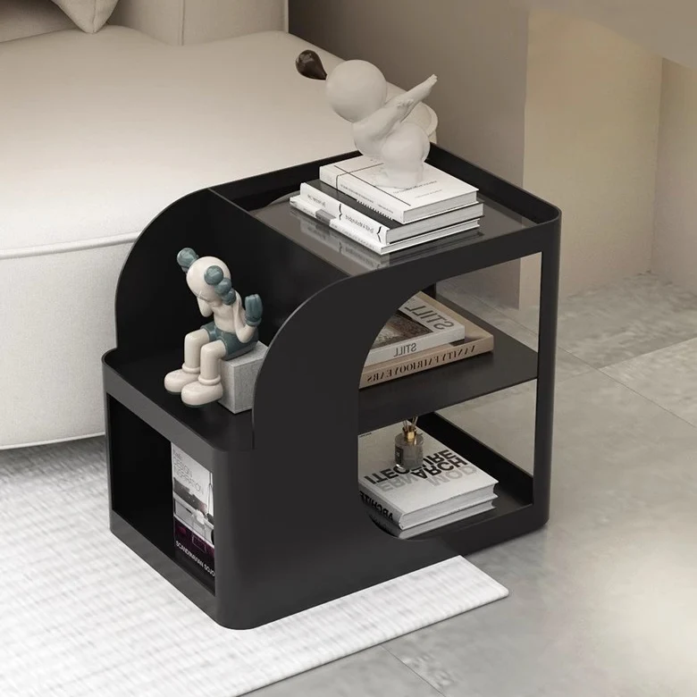 Modern Mid-Century Geometric Arc Iron End Table 2-Tier Storage Shelves With Casters For Living Room