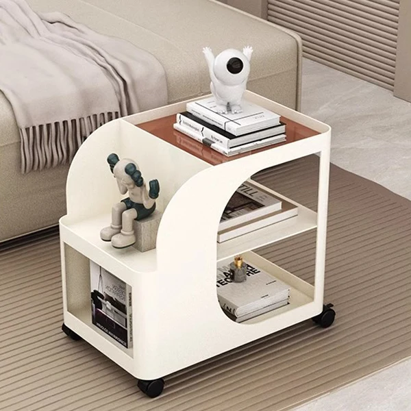 Modern Mid-Century Geometric Arc Iron End Table 2-Tier Storage Shelves With Casters For Living Room