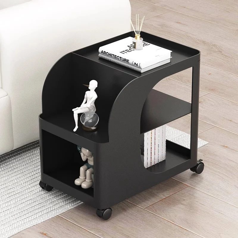 Modern Mid-Century Geometric Arc Iron End Table 2-Tier Storage Shelves With Casters For Living Room