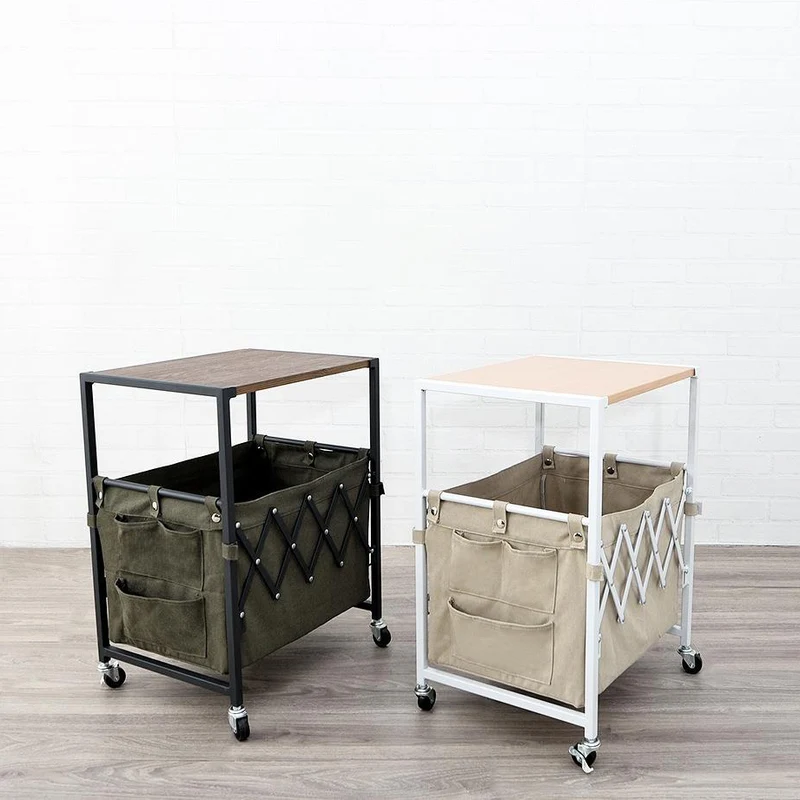Contemporary Nordic Square MDF Top Iron Frame Rolling Cart End Table 2-Tier Fabric Storage Bags For Living Room