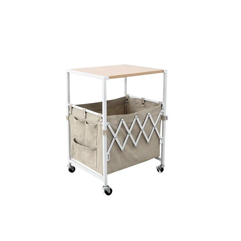 Contemporary Nordic Square MDF Top Iron Frame Rolling Cart End Table 2-Tier Fabric Storage Bags For Living Room