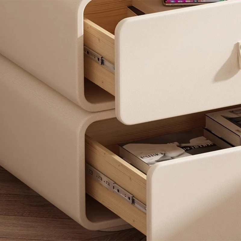 Contemporary Nordic Microfiber Leather & Plank Square Nightstand With 2 Drawers For Bedroom And Living Room