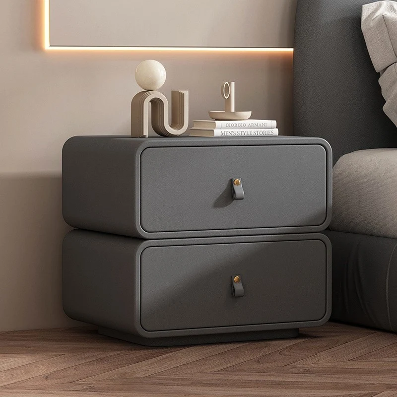 Contemporary Nordic Microfiber Leather & Plank Square Nightstand With 2 Drawers For Bedroom And Living Room
