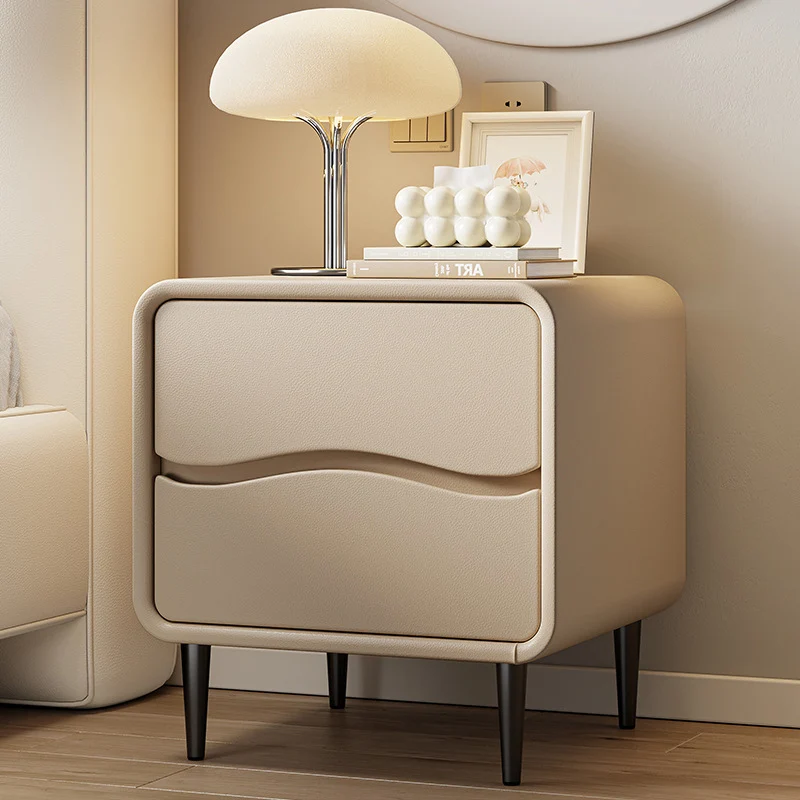 Modern Minimalist Microfiber Leather & Wood Square Nightstand With 2 Drawers For Bedroom And Living Room