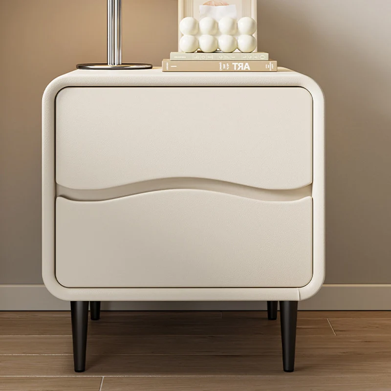 Modern Minimalist Microfiber Leather & Wood Square Nightstand With 2 Drawers For Bedroom And Living Room
