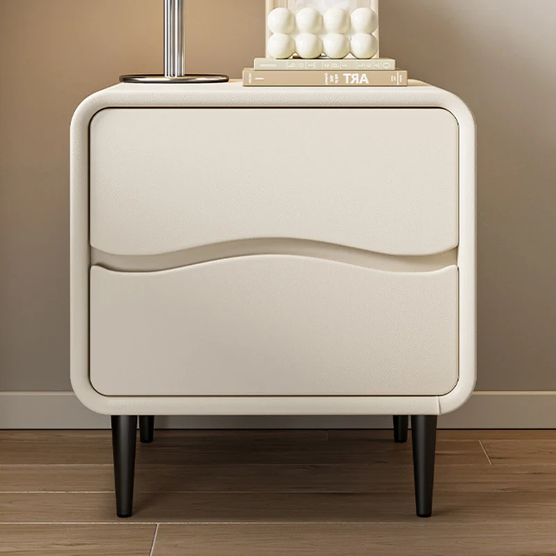Modern Minimalist Microfiber Leather & Wood Square Nightstand With 2 Drawers For Bedroom And Living Room
