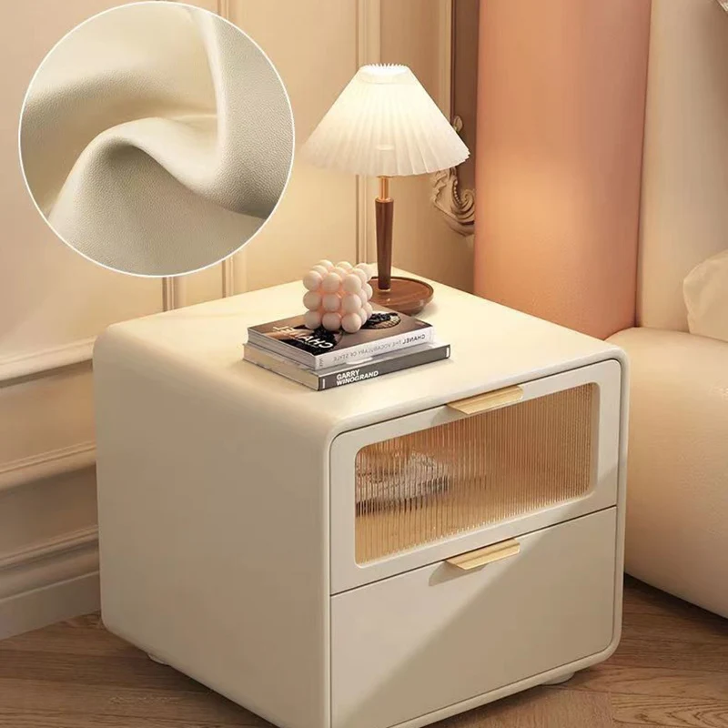 Contemporary Nordic Microfiber Leather MDF Glass Square Nightstand 2-Drawers For Bedroom And Living Room