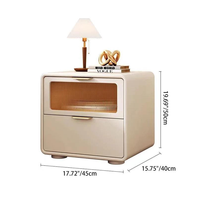 Contemporary Nordic Microfiber Leather MDF Glass Square Nightstand 2-Drawers For Bedroom And Living Room