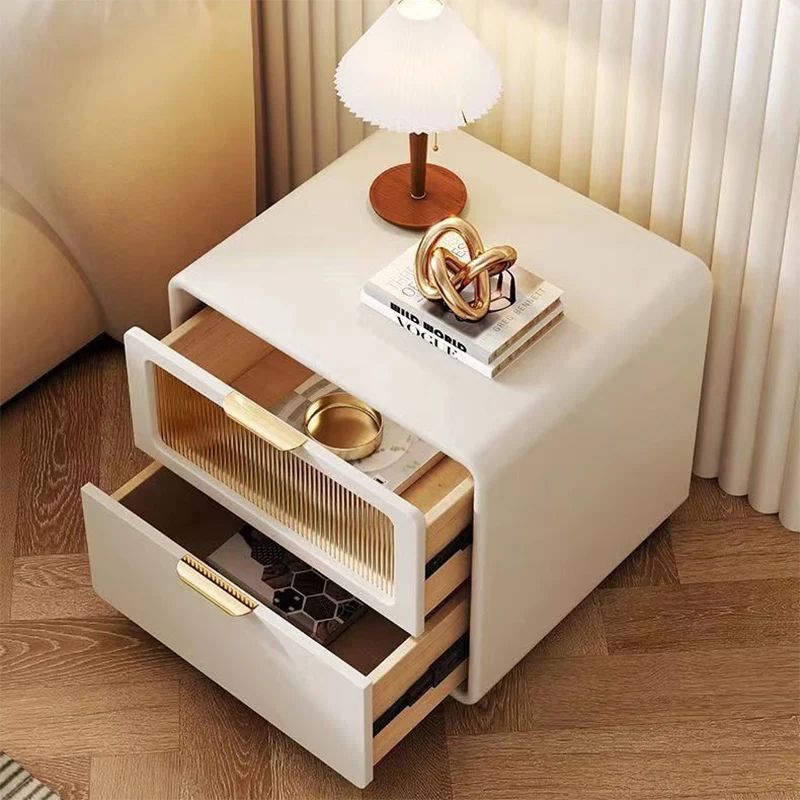 Contemporary Nordic Microfiber Leather MDF Glass Square Nightstand 2-Drawers For Bedroom And Living Room