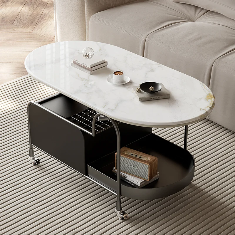 Contemporary Nordic Microcrystalline Stone & Carbon Steel Oval Side Table For Bedroom And Living Room
