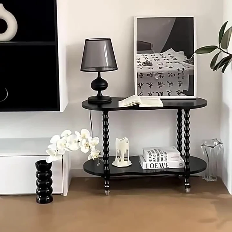 Traditional French Plank & Wood Oval Side Table With Wheels And 2-Tier Storage For Bedroom And Living Room