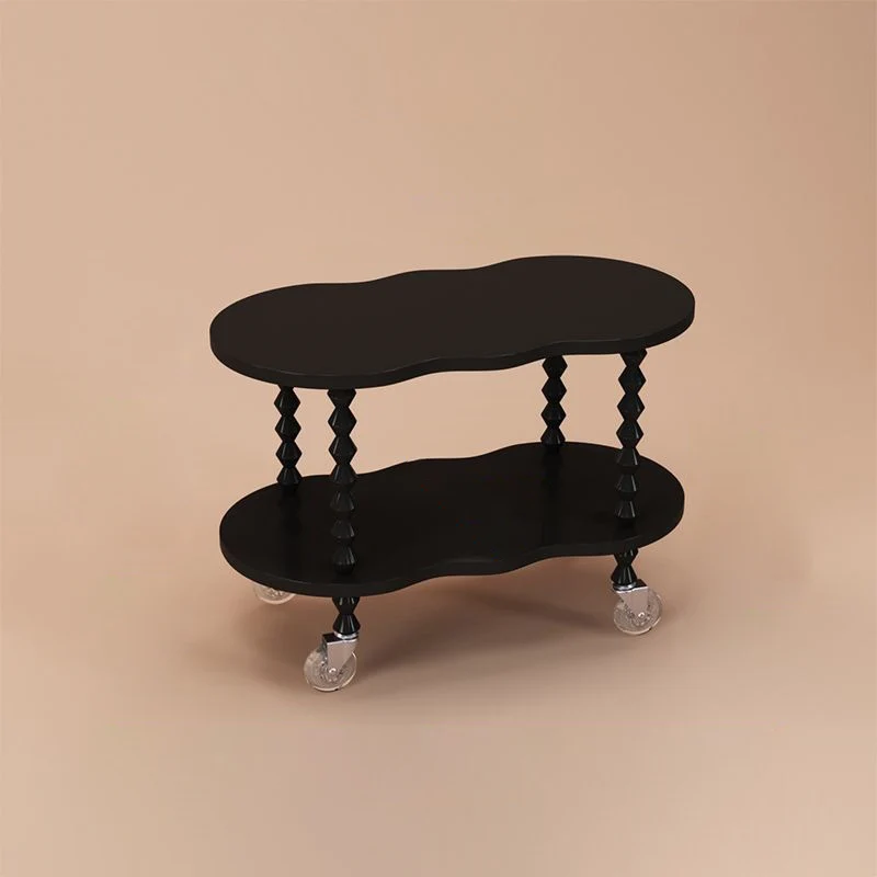 Traditional French Plank & Wood Oval Side Table With Wheels And 2-Tier Storage For Bedroom And Living Room