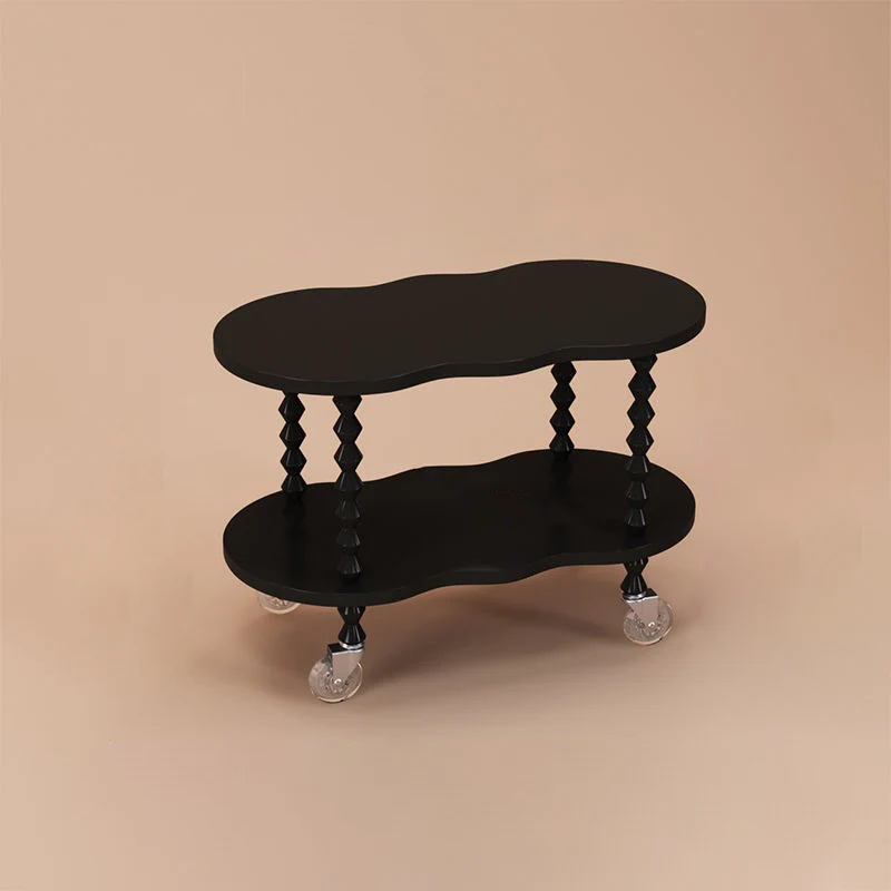 Traditional French Plank & Wood Oval Side Table With Wheels And 2-Tier Storage For Bedroom And Living Room