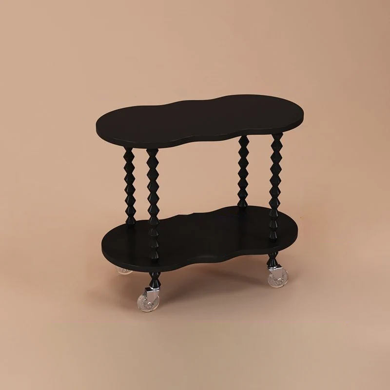 Traditional French Plank & Wood Oval Side Table With Wheels And 2-Tier Storage For Bedroom And Living Room