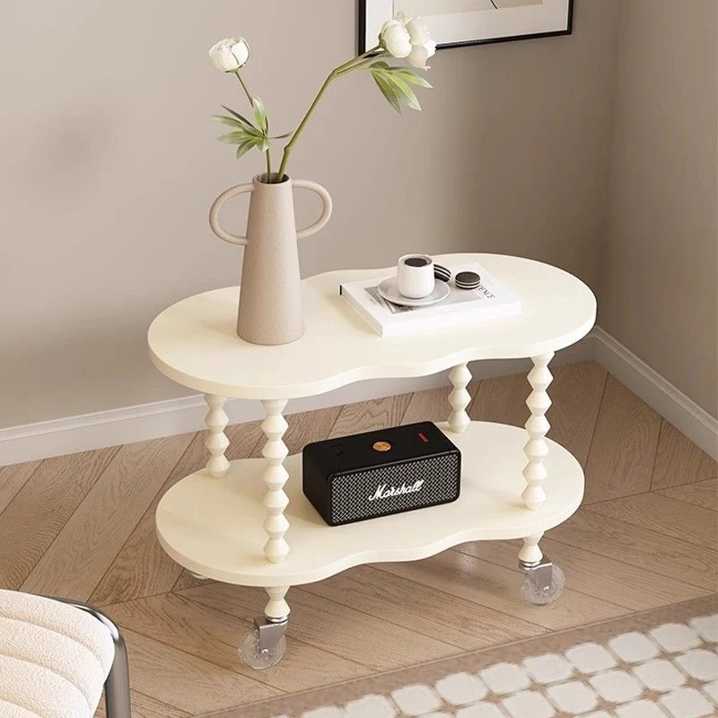 Traditional French Plank & Wood Oval Side Table With Wheels And 2-Tier Storage For Bedroom And Living Room