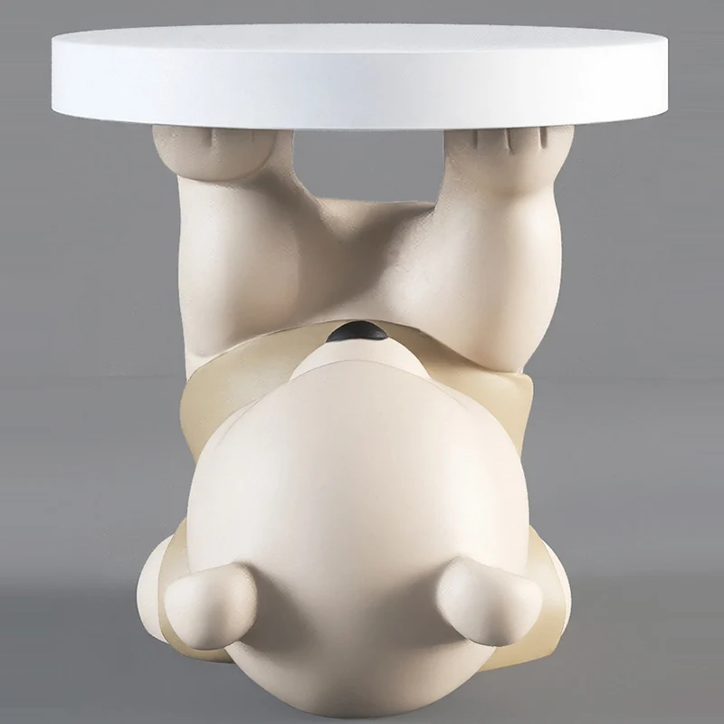 Contemporary Creative Resin Plywood Bear Base Round Side Table For Bedroom And Living Room
