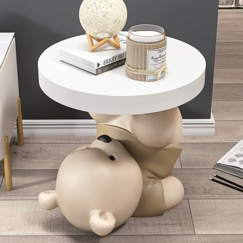 Contemporary Creative Resin Plywood Bear Base Round Side Table For Bedroom And Living Room