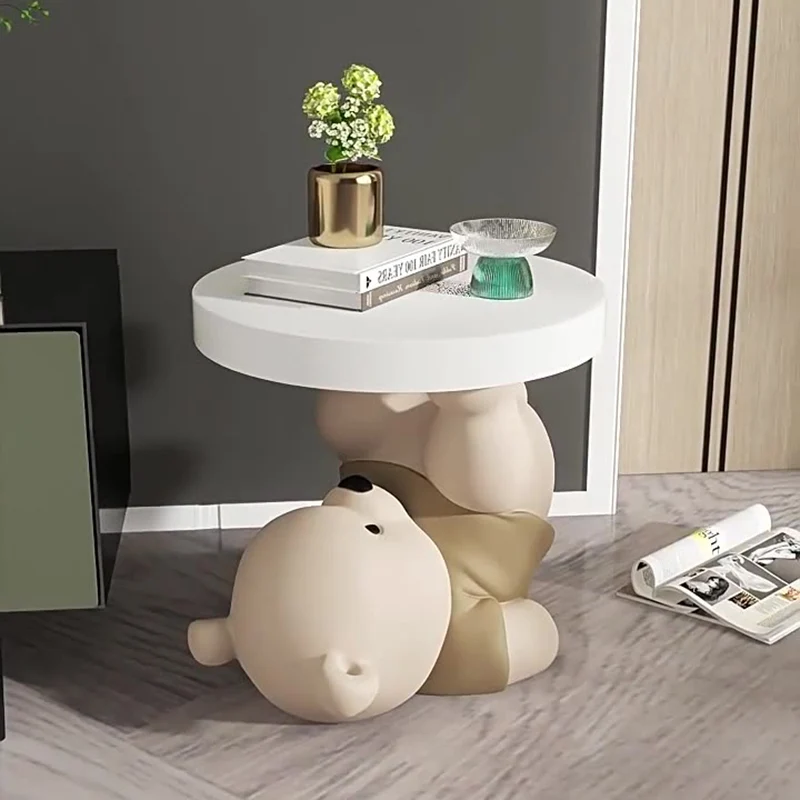 Contemporary Creative Resin Plywood Bear Base Round Side Table For Bedroom And Living Room