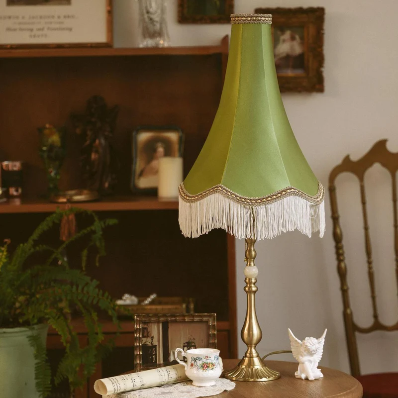 Traditional Vintage Brass & Fabric Conical 1-Light Table Lamp For Bedroom And Living Room