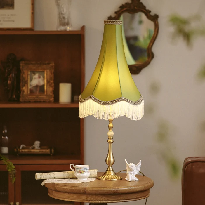 Traditional Vintage Brass & Fabric Conical 1-Light Table Lamp For Bedroom And Living Room