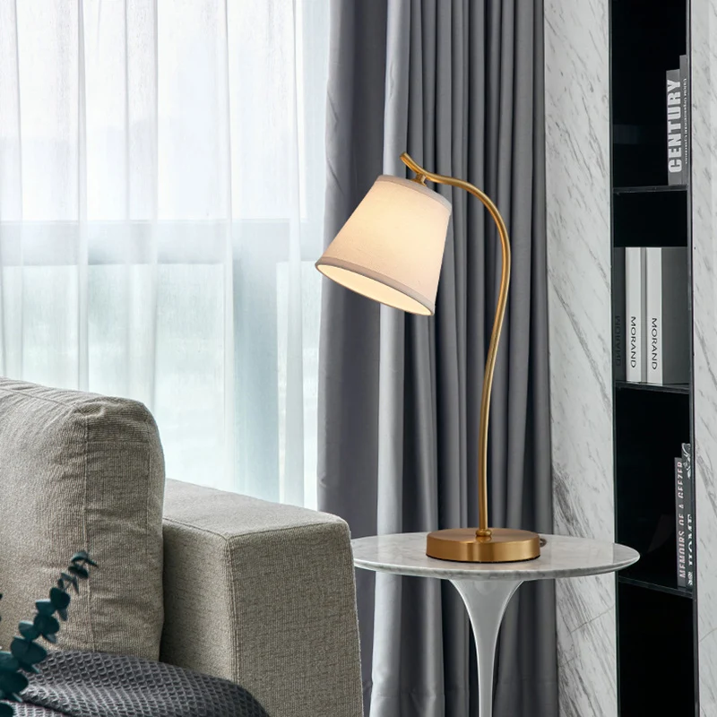 Modern Minimalist Brass & Fabric Round 1-Light Table Lamp For Bedroom And Living Room