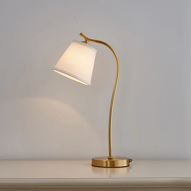 Modern Minimalist Brass & Fabric Round 1-Light Table Lamp For Bedroom And Living Room