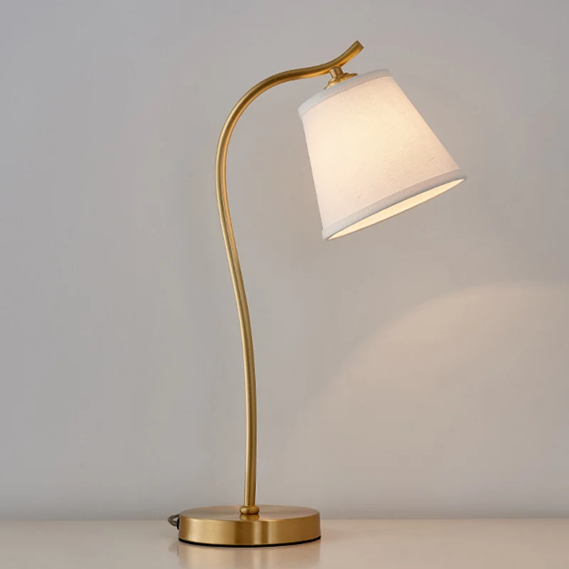 Modern Minimalist Brass & Fabric Round 1-Light Table Lamp For Bedroom And Living Room