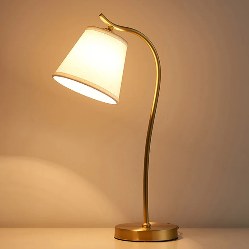Modern Minimalist Brass & Fabric Round 1-Light Table Lamp For Bedroom And Living Room