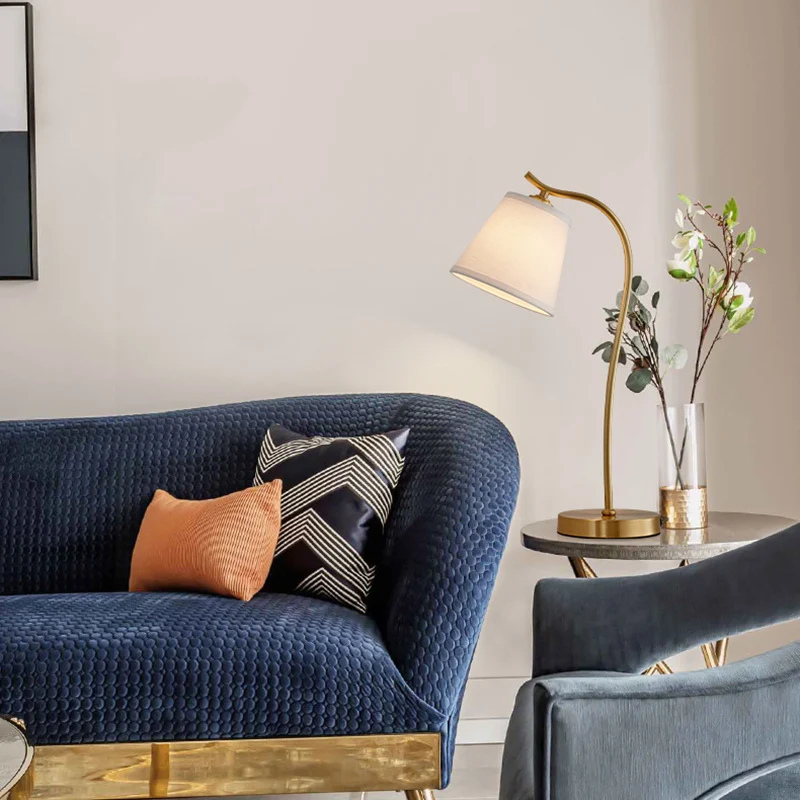 Modern Minimalist Brass & Fabric Round 1-Light Table Lamp For Bedroom And Living Room