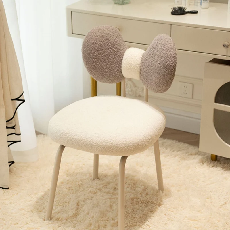 Contemporary Nordic Curved Sherpa Fabric Plywood Upholstered Swivel Vanity Stool Bow-Knot Backrest For Bedroom