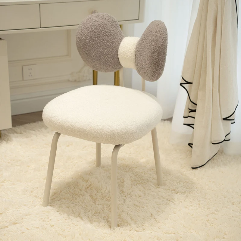 Contemporary Nordic Curved Sherpa Fabric Plywood Upholstered Swivel Vanity Stool Bow-Knot Backrest For Bedroom