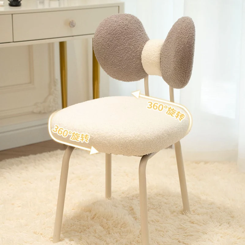 Contemporary Nordic Curved Sherpa Fabric Plywood Upholstered Swivel Vanity Stool Bow-Knot Backrest For Bedroom