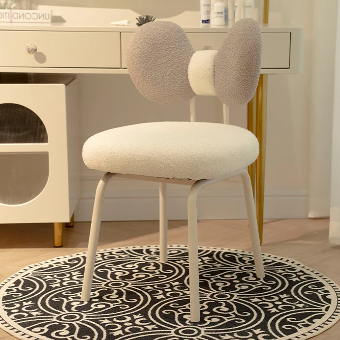 Contemporary Nordic Curved Sherpa Fabric Plywood Upholstered Swivel Vanity Stool Bow-Knot Backrest For Bedroom