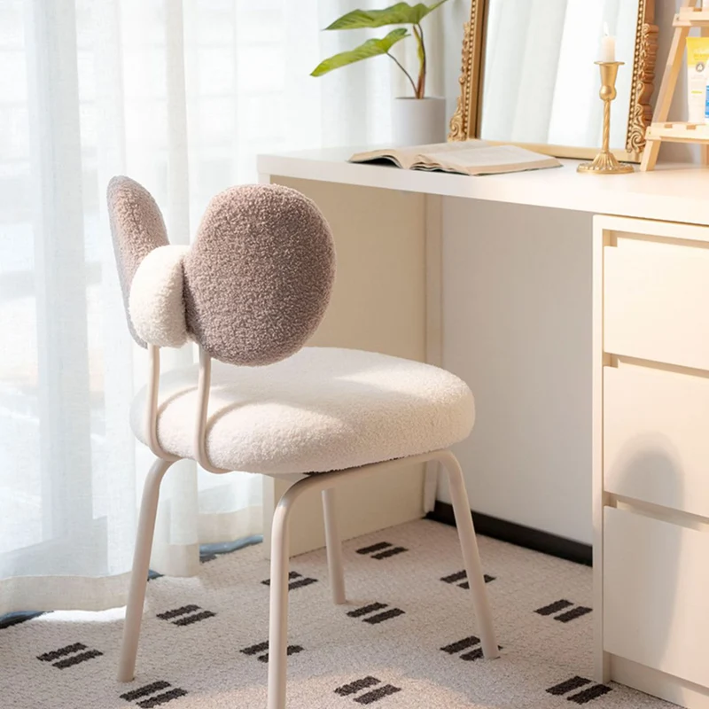 Contemporary Nordic Curved Sherpa Fabric Plywood Upholstered Swivel Vanity Stool Bow-Knot Backrest For Bedroom