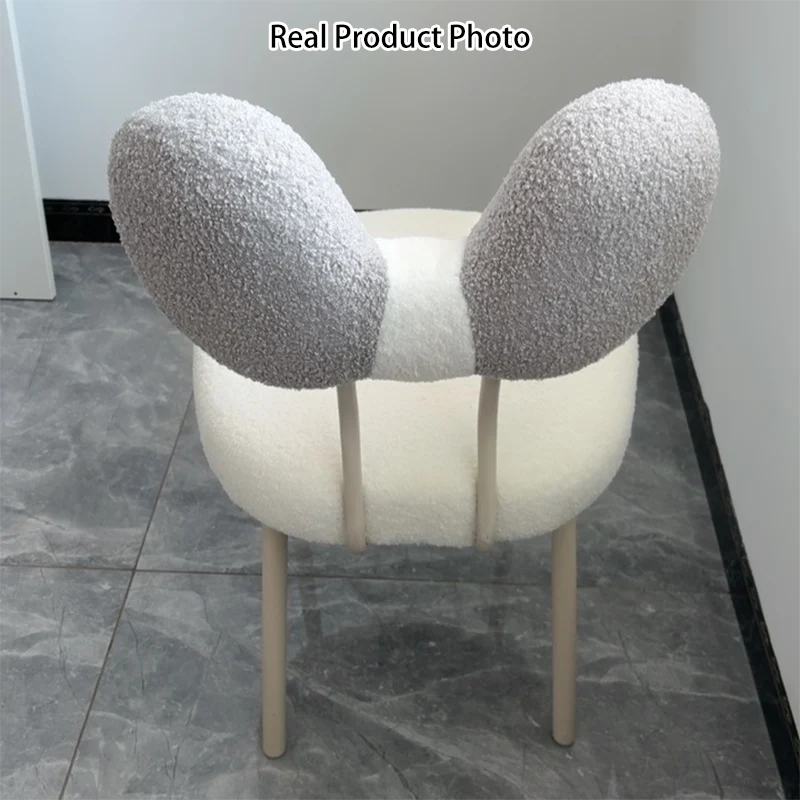 Contemporary Nordic Curved Sherpa Fabric Plywood Upholstered Swivel Vanity Stool Bow-Knot Backrest For Bedroom