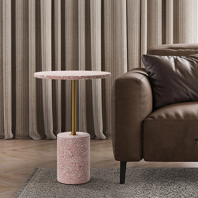 Modern Luxury Marble Metal Round Cylindrical End Table 1-Tier For Living Room