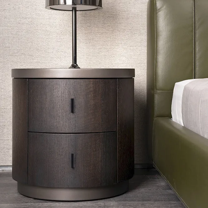 Modern Minimalist Metallic Painted MDF Metal Plywood with Smoked Oak Veneer Round Cylindrical Nightstand With 2 Drawers For Bedroom