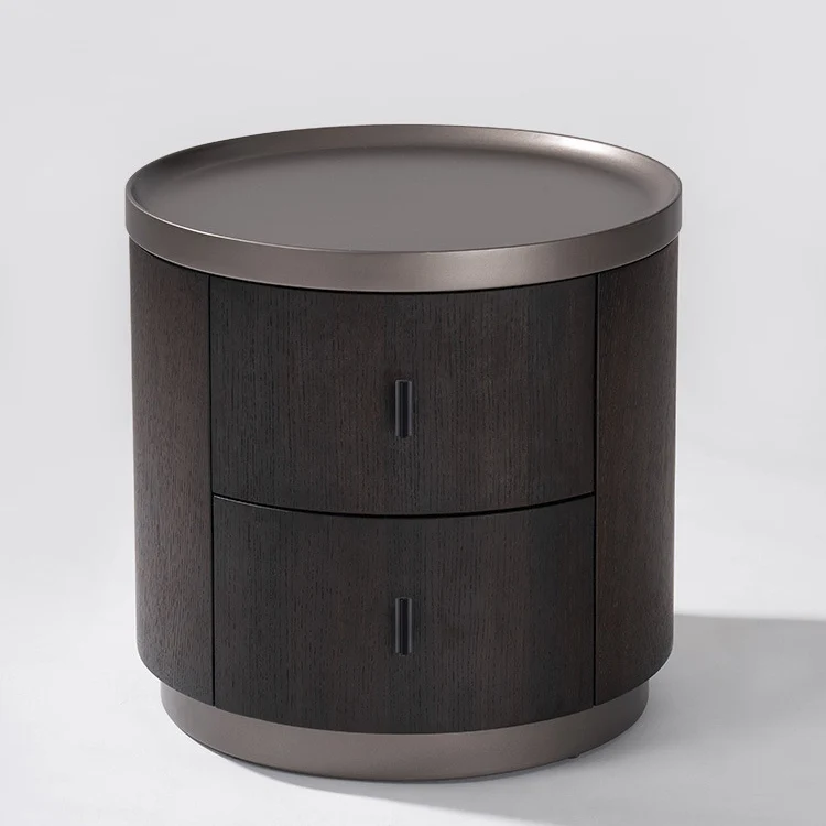 Modern Minimalist Metallic Painted MDF Metal Plywood with Smoked Oak Veneer Round Cylindrical Nightstand With 2 Drawers For Bedroom