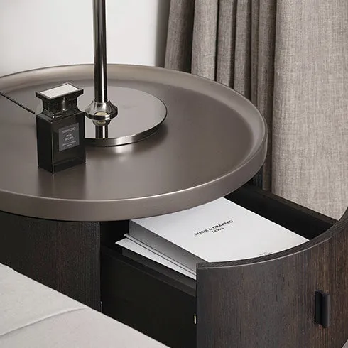 Modern Minimalist Metallic Painted MDF Metal Plywood with Smoked Oak Veneer Round Cylindrical Nightstand With 2 Drawers For Bedroom