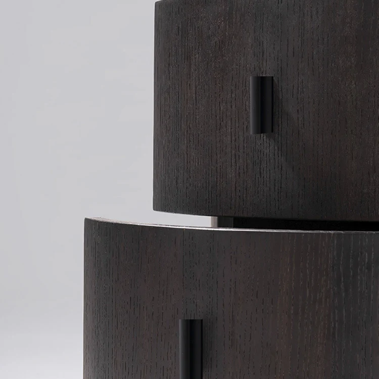 Modern Minimalist Metallic Painted MDF Metal Plywood with Smoked Oak Veneer Round Cylindrical Nightstand With 2 Drawers For Bedroom