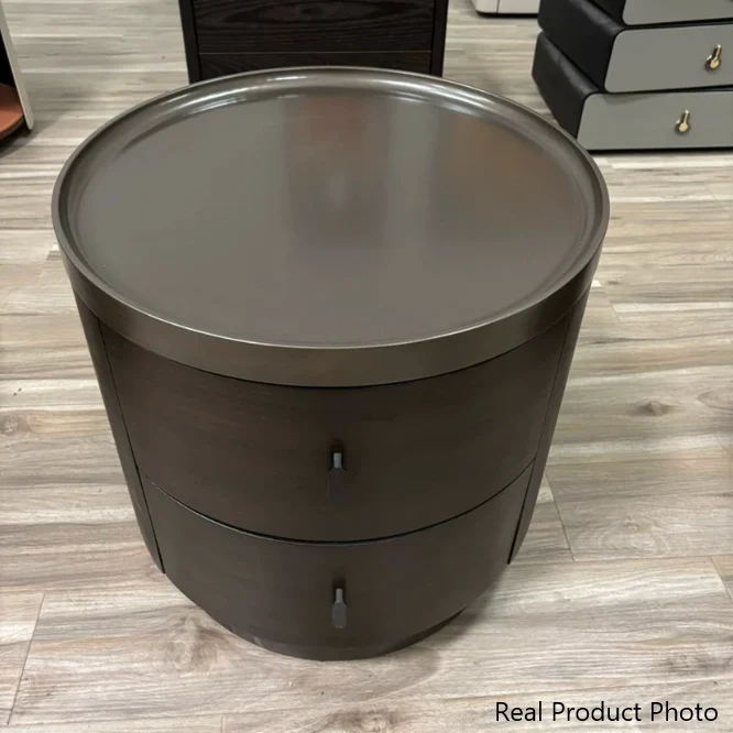 Modern Minimalist Metallic Painted MDF Metal Plywood with Smoked Oak Veneer Round Cylindrical Nightstand With 2 Drawers For Bedroom
