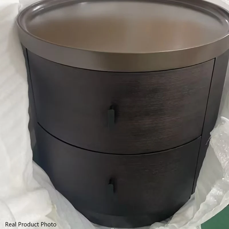 Modern Minimalist Metallic Painted MDF Metal Plywood with Smoked Oak Veneer Round Cylindrical Nightstand With 2 Drawers For Bedroom