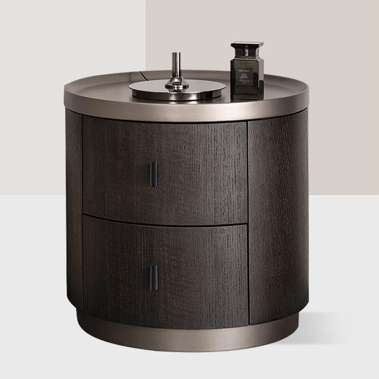 Modern Minimalist Metallic Painted MDF Metal Plywood with Smoked Oak Veneer Round Cylindrical Nightstand With 2 Drawers For Bedroom
