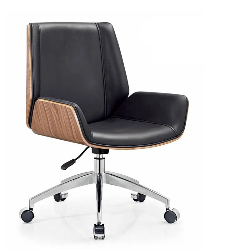Contemporary Scandinavian PU Leather Wood Aluminum Curved Rectangular Desk Chair With Backrest For Home Office