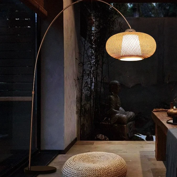 Traditional Chinese Marble Bamboo Stainless Steel Curved Oval 1-Light Standing Floor Lamp For Living Room