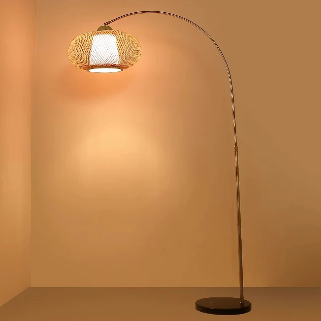 Traditional Chinese Marble Bamboo Stainless Steel Curved Oval 1-Light Standing Floor Lamp For Living Room