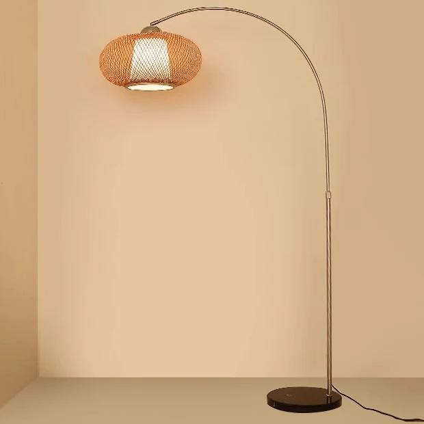 Traditional Chinese Marble Bamboo Stainless Steel Curved Oval 1-Light Standing Floor Lamp For Living Room