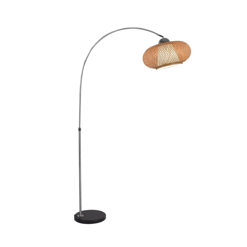 Traditional Chinese Marble Bamboo Stainless Steel Curved Oval 1-Light Standing Floor Lamp For Living Room