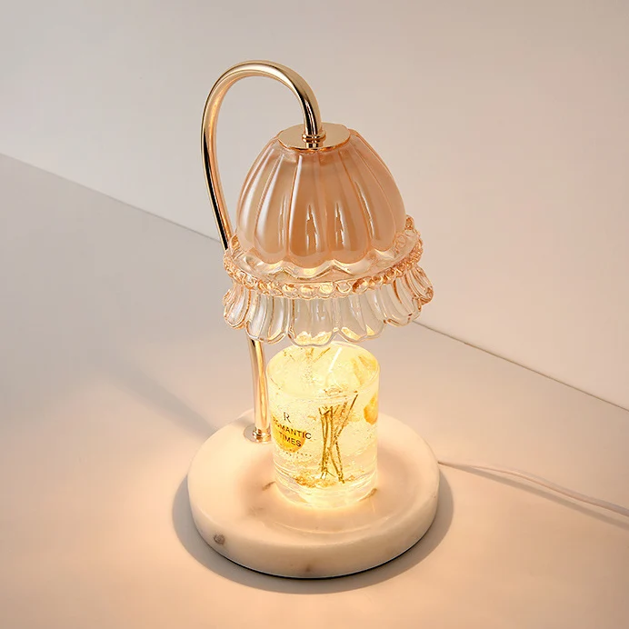 Traditional European Flower Glass Shade Marble Hardware 1-Light Melting Wax Table Lamp For Bedside